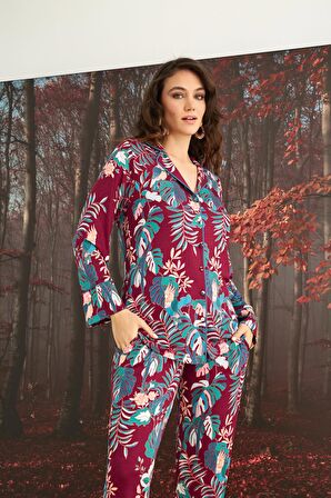 Monamise Kadın Çiçek ve Yaprak Desenli Önü Düğmeli Pijama Takımı 23144 