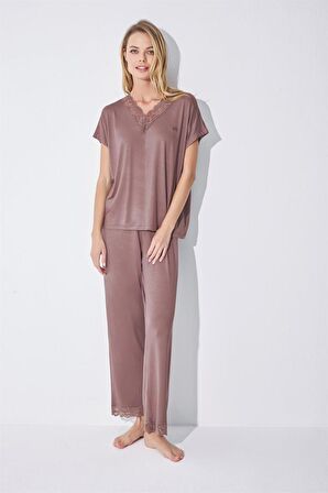 Monamise Kadın Kısa Kollu V Yakalı Dantelli Pijama Takımı 18512 