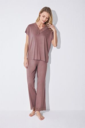 Monamise Kadın Kısa Kollu V Yakalı Dantelli Pijama Takımı 18512 