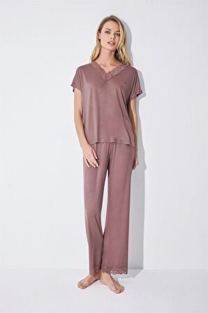 Monamise Kadın Kısa Kollu V Yakalı Dantelli Pijama Takımı 18512 