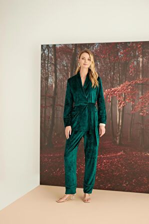 Monamise Kadın Kruvaze Yaka Kadife Pijama Takımı 23157 