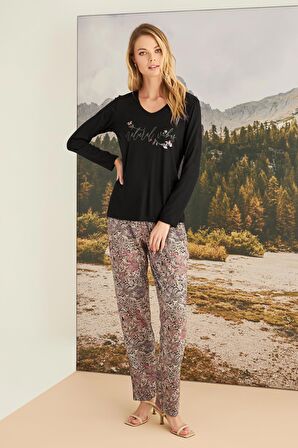 Monamise Kadın Yaprak Desenli "Natural Vibes" Pijama Takımı 23171 