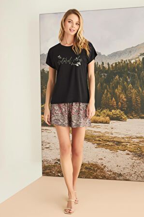 Monamise Kadın Yaprak Desenli "Natural Vibes" Şort Takımı 23172 
