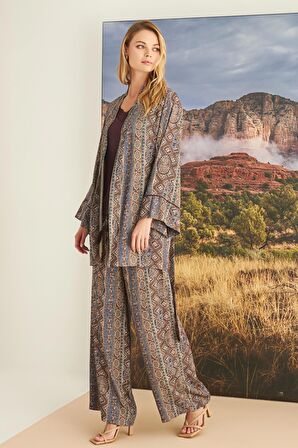 Monamise Kadın Etnik Desenli Dantelli 3'lü Pijama Takımı 23177 