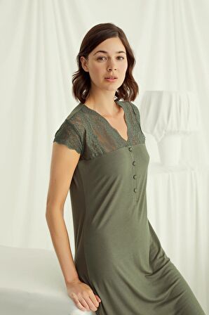 Monamise Kadın Kolu Omzu ve Yakası Dantelli Önü Düğmeli Gecelik 18529 