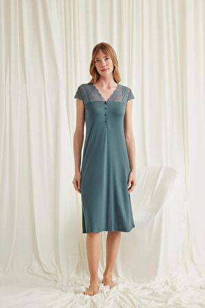 Monamise Kadın Kolu Omzu ve Yakası Dantelli Önü Düğmeli Gecelik 18538 