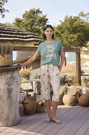Monamise Kadın Desenli ve Baskılı "See the World" Kapri Takımı 24115 