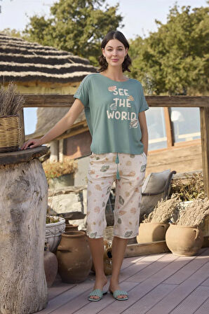 Monamise Kadın Desenli ve Baskılı "See the World" Kapri Takımı 24115 