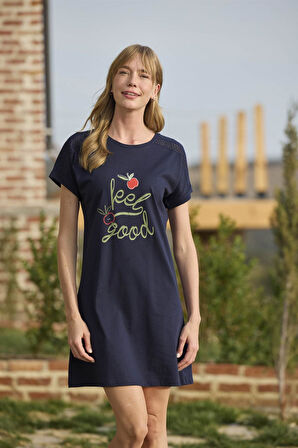 Monamise Kadın Meyve ve Yaprak Baskılı Dantelli "Feel Good" Gecelik 24116 