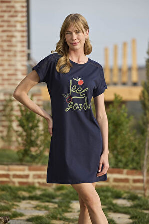 Monamise Kadın Meyve ve Yaprak Baskılı Dantelli "Feel Good" Gecelik 24116 