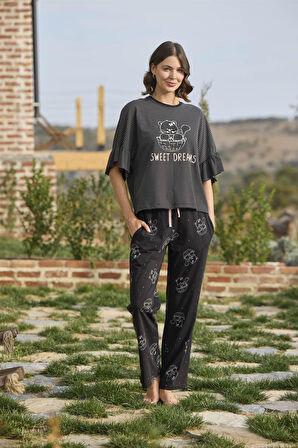 Monamise Kadın Çizgi ve Kedi Desenli ve Basklılı "Sweet Dreams" Pijama Takımı 24126 