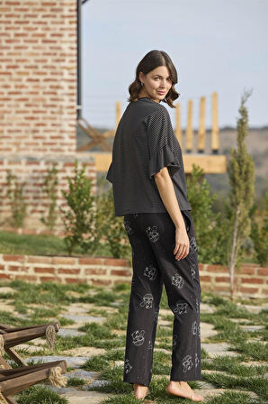 Monamise Kadın Çizgi ve Kedi Desenli ve Basklılı "Sweet Dreams" Pijama Takımı 24126 