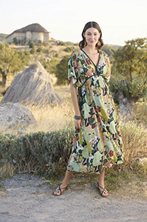 Monamise Kadın Çiçek ve Yaprak Desenli Truvakar Kollu Elbise 24017 