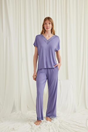 Monamise Kadın Kısa Kollu V Yakalı Dantelli Pijama Takımı 18560 