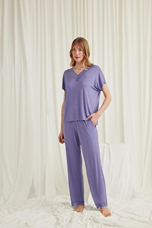 Monamise Kadın Kısa Kollu V Yakalı Dantelli Pijama Takımı 18560 