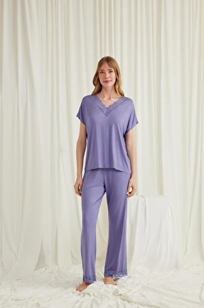 Monamise Kadın Kısa Kollu V Yakalı Dantelli Pijama Takımı 18560 