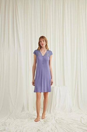 Monamise Kadın Kolu Omzu ve Yakası Dantelli Önü Düğmeli Gecelik 18566 