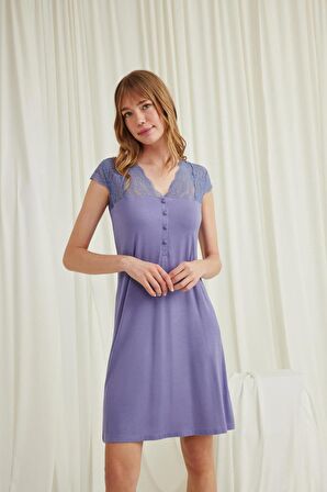 Monamise Kadın Kolu Omzu ve Yakası Dantelli Önü Düğmeli Gecelik 18566 