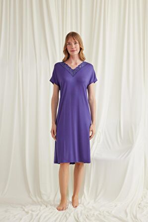 Monamise Kadın Yakası Dantelli Kısa Kollu Gecelik 18570 