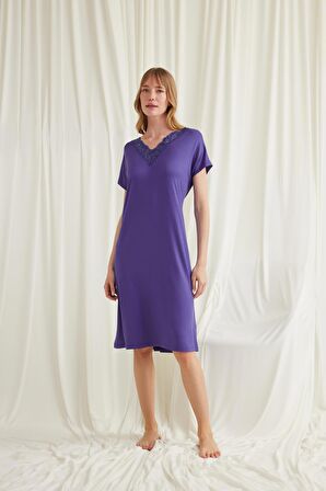 Monamise Kadın Yakası Dantelli Kısa Kollu Gecelik 18570 