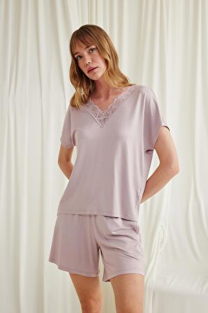 Monamise Kadın Kısa Kollu Dantelli V Yaka Şort Takımı 18583 