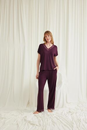 Monamise Kadın Kısa Kollu V Yakalı Dantelli Pijama Takımı 18586 