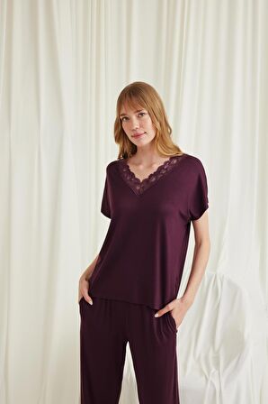 Monamise Kadın Kısa Kollu V Yakalı Dantelli Pijama Takımı 18586 