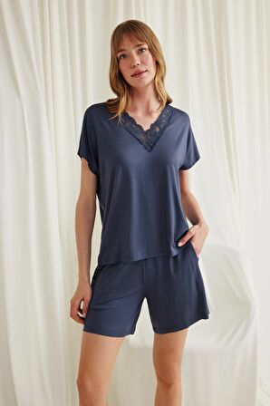 Monamise Kadın Kısa Kollu Dantelli V Yaka Şort Takımı 18588 