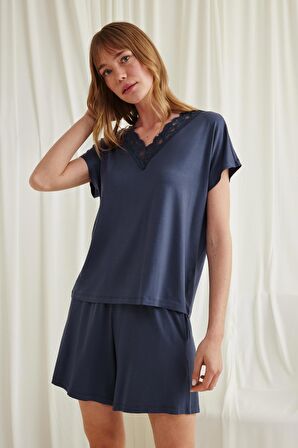 Monamise Kadın Kısa Kollu Dantelli V Yaka Şort Takımı 18588 