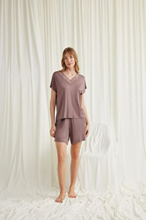 Monamise Kadın Kısa Kollu Dantelli V Yaka Şort Takımı 18590 