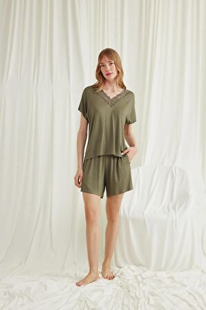 Monamise Kadın Kısa Kollu Dantelli V Yaka Şort Takımı 18594 