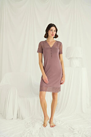 Monamise Kadın Yakası Kolu Omzu ve Eteği Dantelli Önü Düğmeli Gecelik 18607 