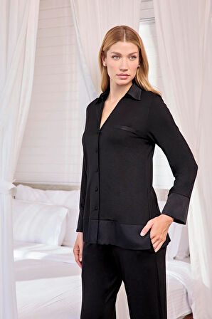 Monamise Kadın Uzun Kollu Önü Düğmeli Gömlek Yaka Pijama Takımı 18616 