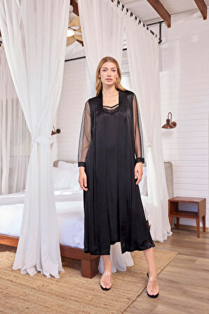 Monamise Kadın Dantelli Tüllü ve Dekolteli Sabahlık Takımı 18624 