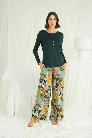 Monamise Kadın Çiçek ve Yaprak Desenli Pijama Takımı 24132 