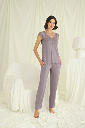 Monamise Kadın Yakası Kolu ve Omzu Dantelli Önü Düğmeli Pijama Takımı 18637 