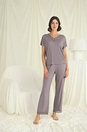 Monamise Kadın Kısa Kollu V Yakalı Dantelli Pijama Takımı 18638 
