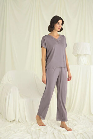 Monamise Kadın Kısa Kollu V Yakalı Dantelli Pijama Takımı 18638 