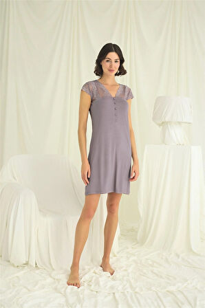 Monamise Kadın Kolu Omzu ve Yakası Dantelli Önü Düğmeli Gecelik 18639 