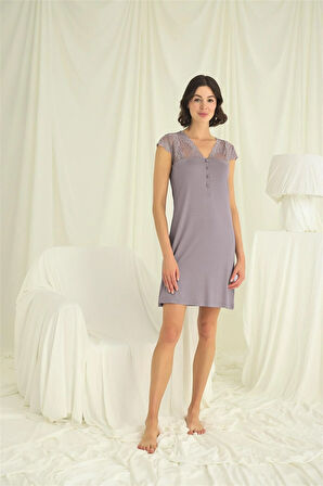 Monamise Kadın Kolu Omzu ve Yakası Dantelli Önü Düğmeli Gecelik 18639 