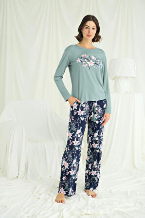 Monamise Kadın Çiçek ve Yaprak Desenli Baskılı Pijama Takımı 24133 
