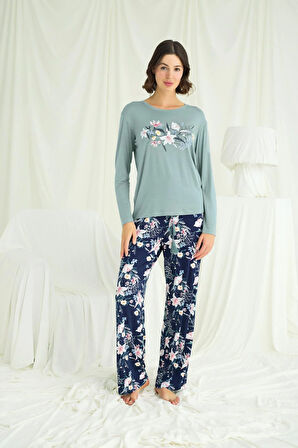 Monamise Kadın Çiçek ve Yaprak Desenli Baskılı Pijama Takımı 24133 