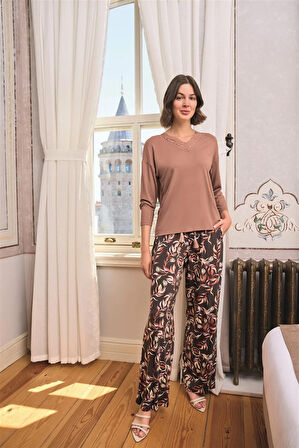Monamise Kadın Yaprak Desenli Dantelli V Yaka Pijama Takımı 24166 