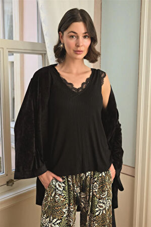 Monamise Kadın Çiçek Yaprak ve Etnik Desenli Dantelli 3'lü Pijama Takımı 24148 
