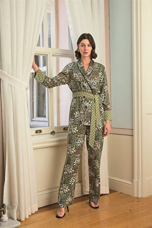 Monamise Kadın Çiçek Yaprak ve Etnik Desenli Pijama Takımı 24146 