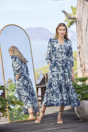 Monamise Kadın Yaprak Desenli Önü Düğmeli Truvakar Kollu Elbise 25013 