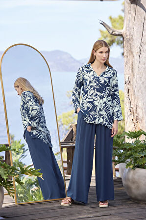 Monamise Kadın Yaprak Desenli Uzun Kollu Gömlek Yaka Alt Üst Takım 25016 