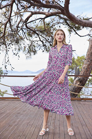 Monamise Kadın Desenli Truvakar Kollu Gömlek Yaka Elbise 25018 