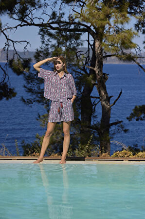 Monamise Kadın Etnik Desenli Önü Düğmeli Gömlek Yaka Alt Üst Takım 25022 