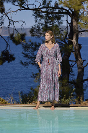 Monamise Kadın Etnik Desenli Truvakar Kollu V Yaka Elbise 25023 